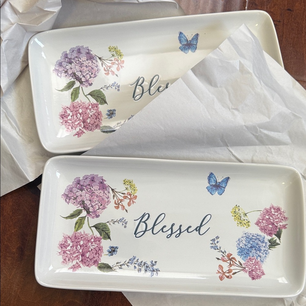 Blessed Hydrangea Floral Serving Tray - White with Pink & Blue Accents